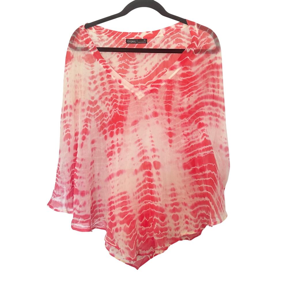 Gypsy 05 (XS) Tie Dye Kaftan Top Pink White Poncho Resort Wear